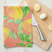 レモン果柄の黄色と桃色 キッチンタオル (四つ折り)