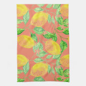 レモン果柄の黄色と桃色 キッチンタオル (縦)