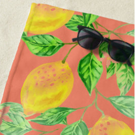 レモン果柄の黄色と桃色 ビーチタオル