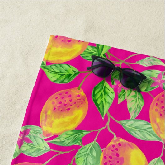 レモン果柄イエローピンクグリーンヴィンテージ ビーチタオル