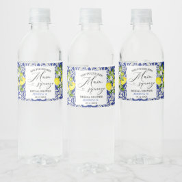 レモン枝と青いモザイクのウェディングシャワーボトルラベル 水B ペットボトルラベル