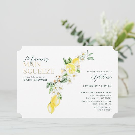 レモン柑橘系ママのメインスクイーズ赤ちゃんシャワー 招待状 (スタンド正面)