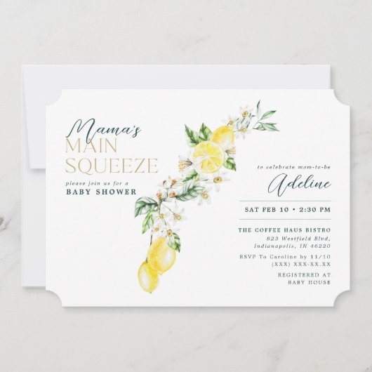 レモン柑橘系ママのメインスクイーズ赤ちゃんシャワー 招待状 (正面)