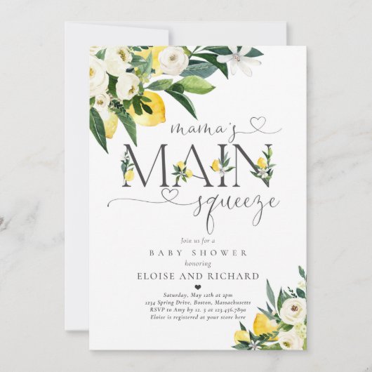 レモン柑橘系ママのメインスクイーズ赤ちゃんシャワー 招待状 (正面)
