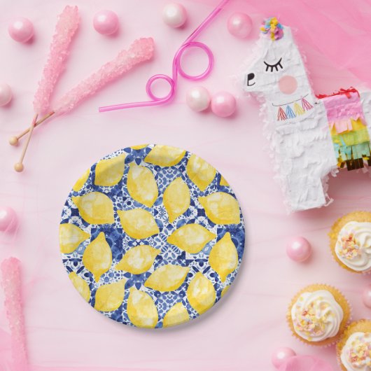 レモン柑橘系水彩青瓦地中海の瓦 ペーパープレート (パーティー)