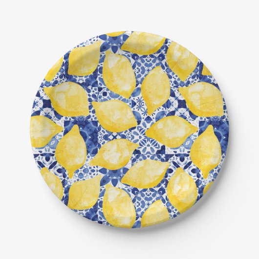レモン柑橘系水彩青瓦地中海の瓦 ペーパープレート (正面)