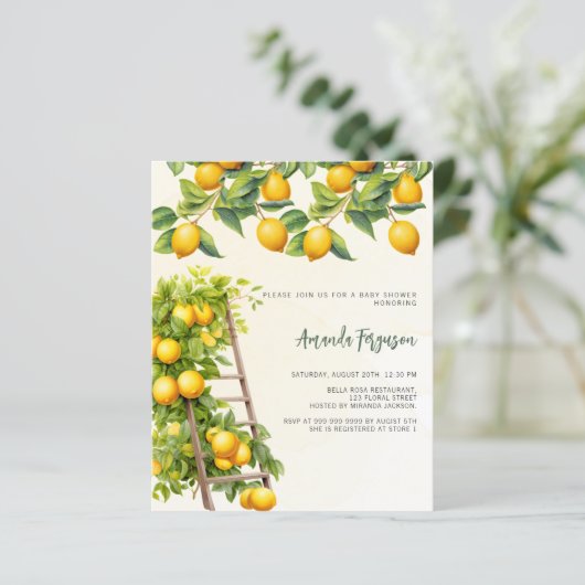 レモン柑橘類の黄色の予算ベビーシャワーの招待 (スタンド正面)