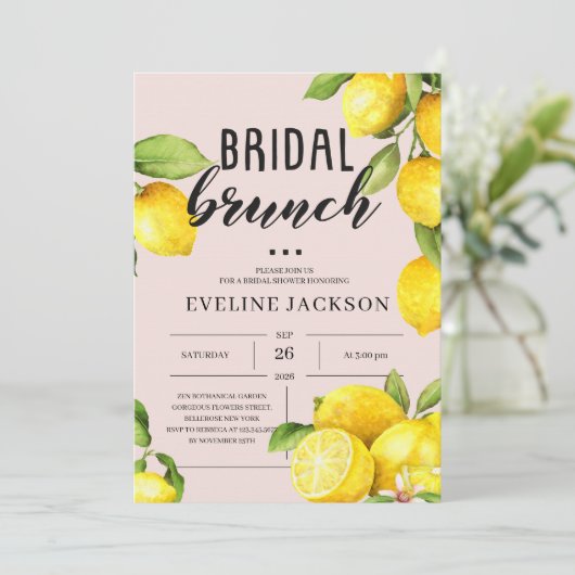 レモン柑橘類サマーイエローピンクブライダルブランチ 招待状 (スタンド正面)
