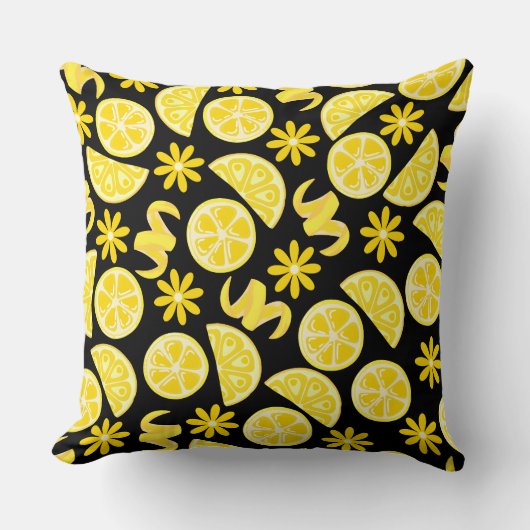 レモン柑橘類サマーレモネデシェフイエローブラック クッション (正面)