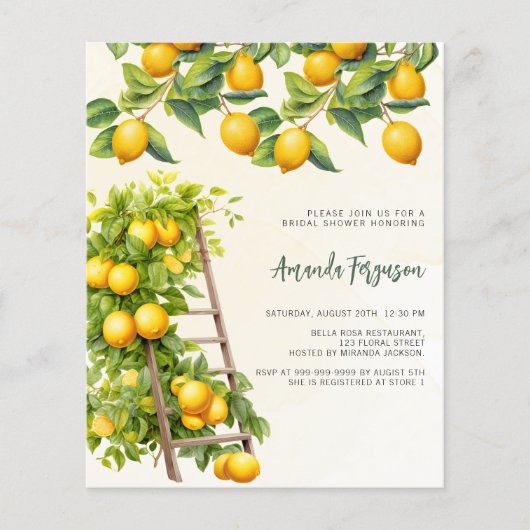 レモン柑橘類バジェットブライダルシャワーの招待状 (正面)