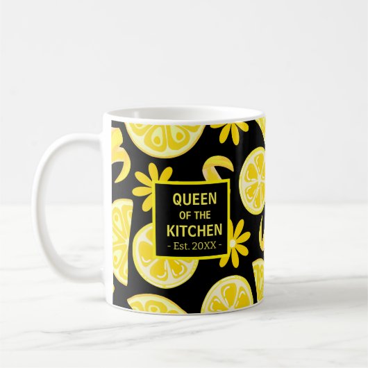 レモン柑橘類レモネデシェフかわいいイエローブラック コーヒーマグカップ (左)