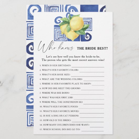 レモン柑橘類 – 誰が花嫁のゲームを知っ最高のている (正面/裏面)