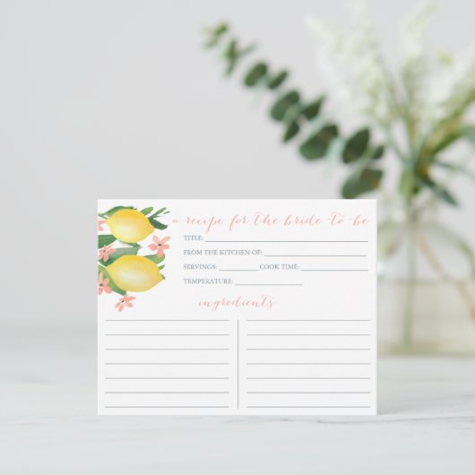 レモン柔らかいピンクの文字の花のシャワーのレシピカード 招待状 (スタンド正面)