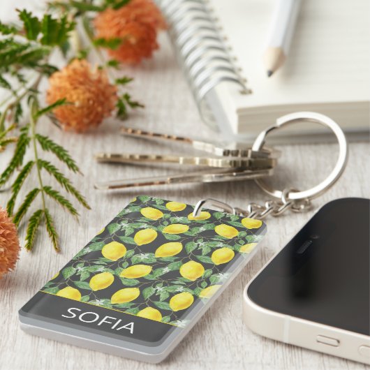 レモン水の色のパターン名前をカスタムするイエローグレー キーホルダー (正面右)