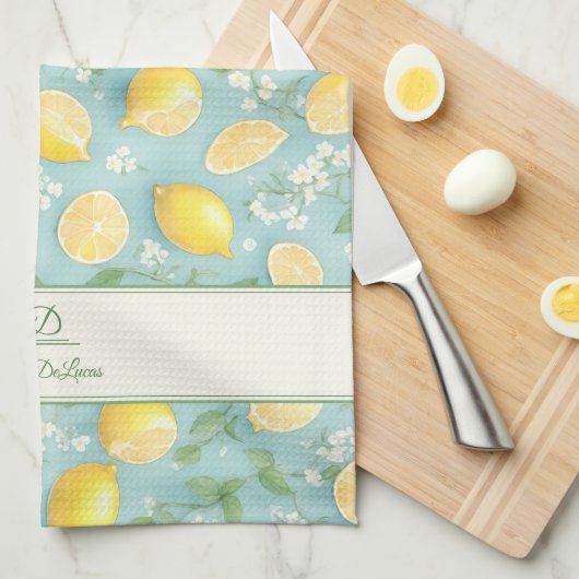 レモン水の色のミントネームパーソナライズされたレモン キッチンタオル (四つ折り)