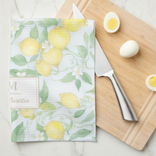 レモン水の色の名パーソナライズされた前モノグラムレモン キッチンタオル (四つ折り)