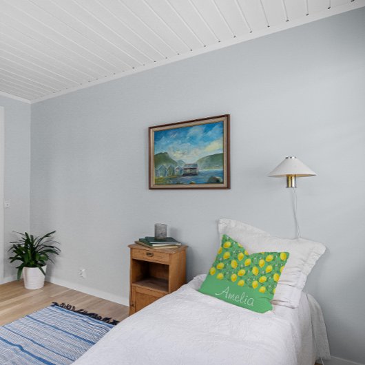 レモン水彩柄の黄色の女の子グリーン クッション