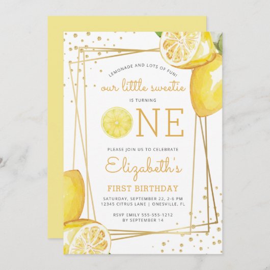 レモン水彩1歳誕生日パーティー招待状 招待状 (正面/裏面)