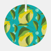 レモン水玉模様：青い背景。 ガラスオーナメント (裏面)