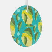 レモン水玉模様：青い背景。 ガラスオーナメント (正面右)