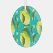 レモン水玉模様：青い背景。 ガラスオーナメント (正面左)