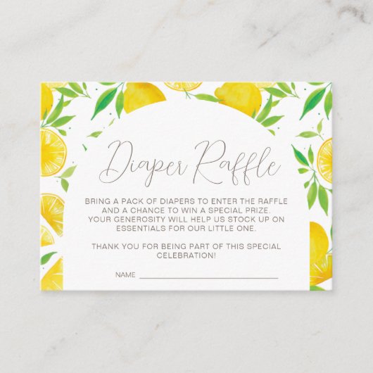 レモン水色おむつラッフルベビーシャワーカード エンクロージャーカード (正面)
