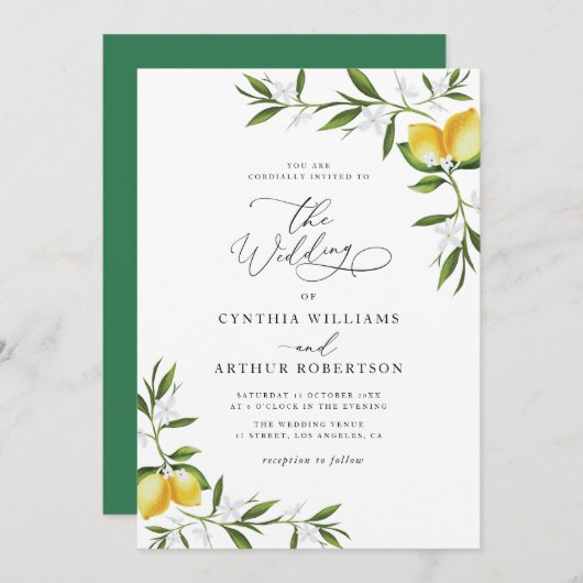 レモン水色の緑のフローラ結婚 招待状 (正面/裏面)
