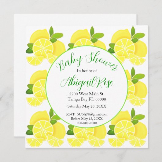 レモン熱帯黄色の柑橘類ベビーシャワー 招待状 (正面/裏面)