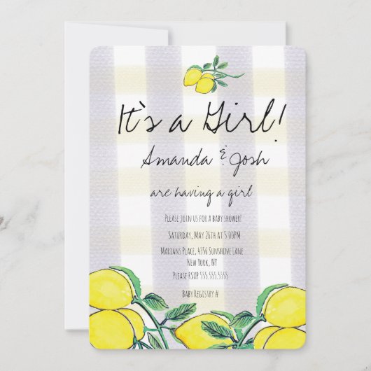 レモン素朴水色シトラスプライド赤ちゃんシャワー 招待状 (正面)