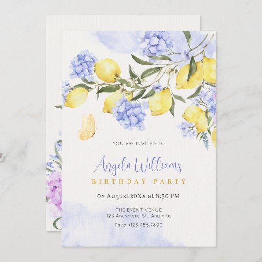 レモン紫のフローラ誕生日 招待状 (正面/裏面)
