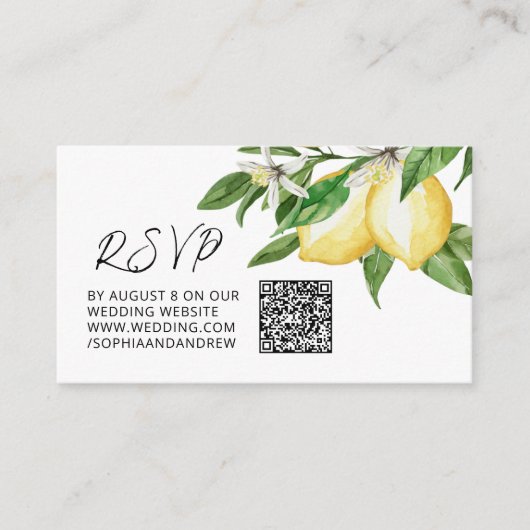 レモン結婚グリーンQRコードRSVP エンクロージャーカード (正面)