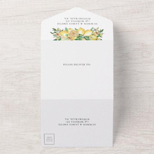 レモン緑のフローラモザイク結婚タイルすべて オールインワン招待状 (外側)