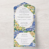 レモン緑のフローラモザイク結婚タイルすべて オールインワン招待状 (内側)