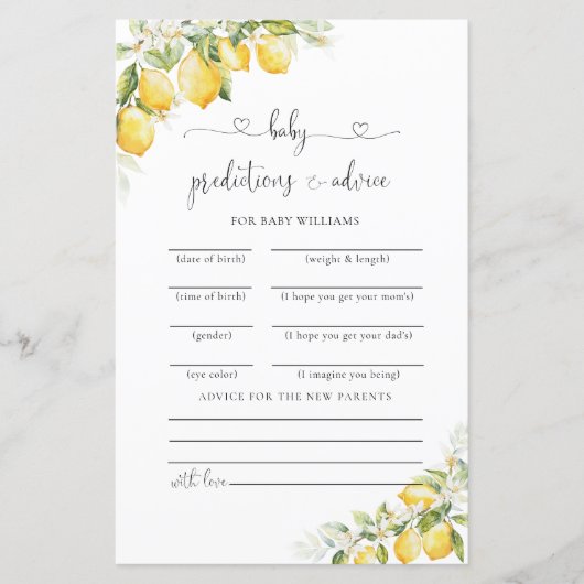 レモン緑の柑橘系ベビーシャワー予測カード (正面)