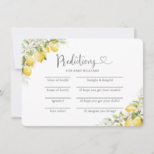レモン緑の柑橘系ベビーシャワー予測カード 招待状 (正面)