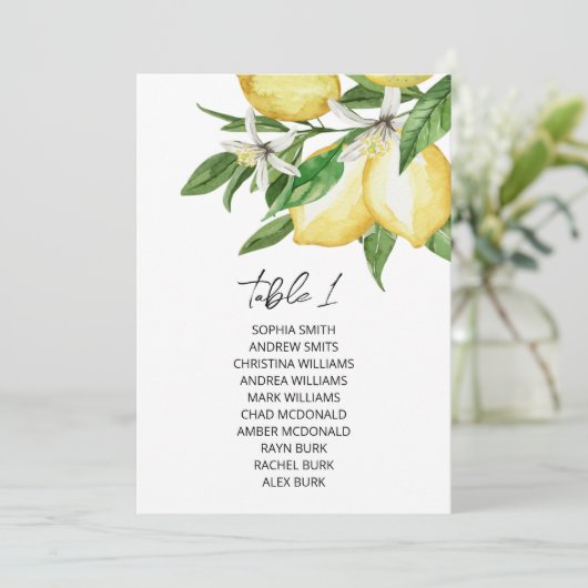 レモン緑結婚のシーティングチャートカード 招待状 (スタンド正面)