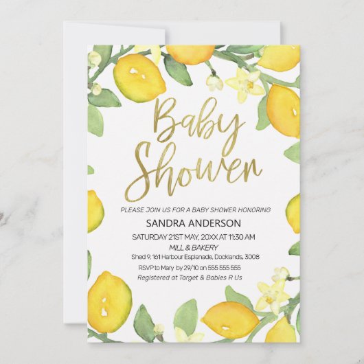 レモン群葉のリースのベビーシャワーの招待 招待状 (正面)