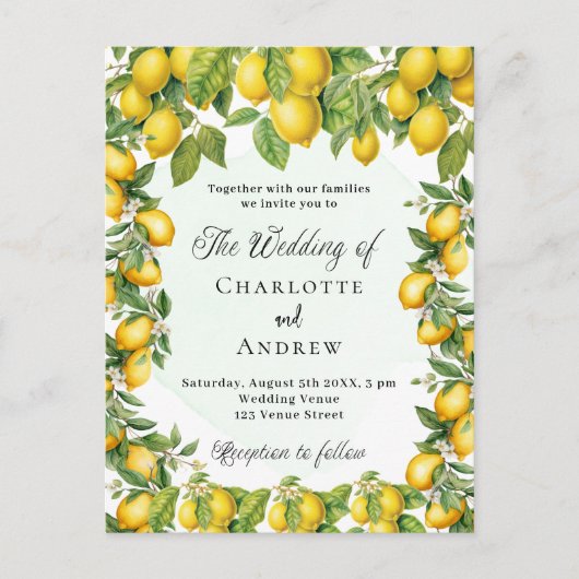 レモン色のエレガントな結婚式 インビテーションポストカード (正面)