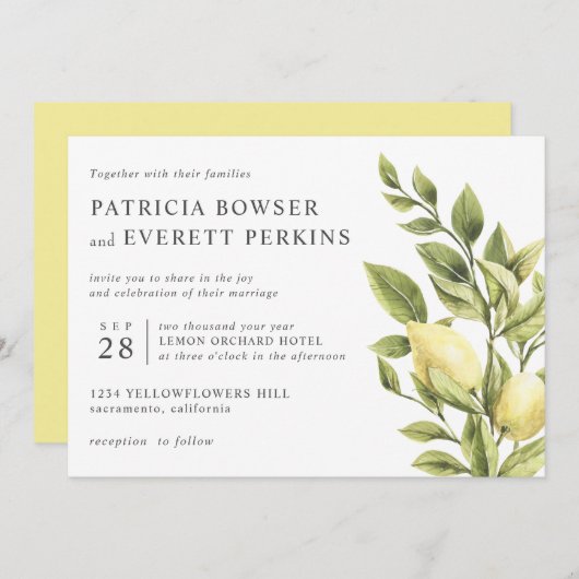 レモン葉との水色結婚植物 招待状 (正面/裏面)