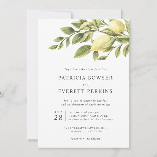 レモン葉との水色結婚植物 招待状 (正面)