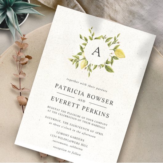 レモン葉とグレーモノグラム水の結婚色 招待状