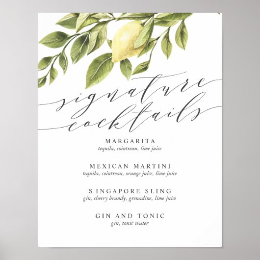 レモン葉とシグネチャーカクテルメニューV2サイン ポスター (正面)