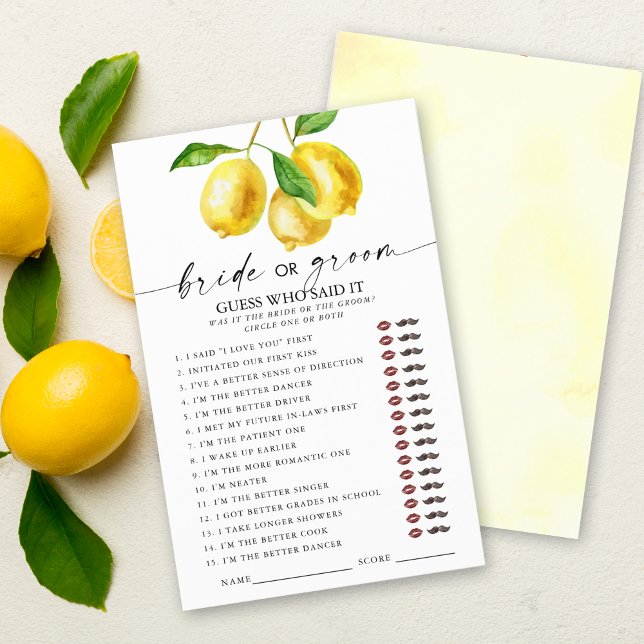 レモン誰が言ったブライダルシャワーゲーム (Entertain and delight your guests with our stylish lemon "Guess who said it" bridal shower game.)
