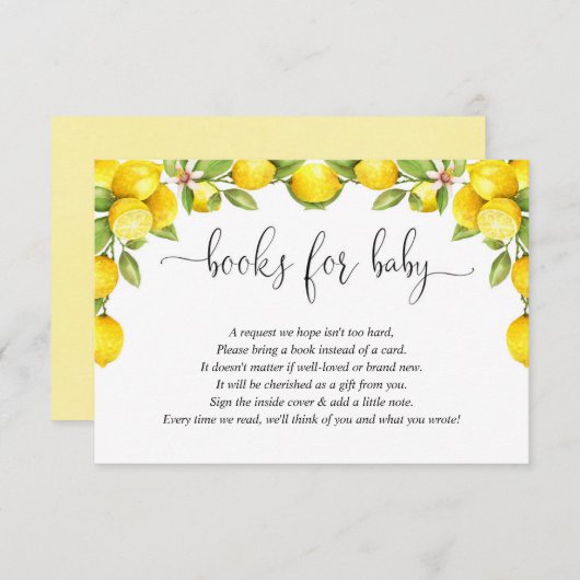 レモン赤ちゃんシャワー、甘いレモンの本のリクエスト エンクロージャーカード (正面/裏面)