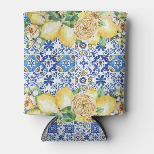 レモン青い黄色のモザイク地中海のタイル 缶クーラー (正面)