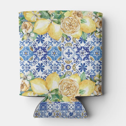 レモン青い黄色のモザイク地中海のタイル 缶クーラー (裏面)