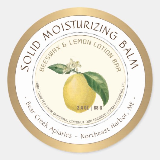 レモン香りビースワックスローションバーラベル縁ど金ゴールド ラウンドシール (正面)