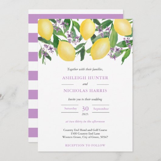 レモン黄色パープルウォーター色シトラス結婚ズInv 招待状 (正面/裏面)