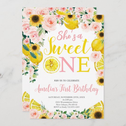 レモン1st誕生日、柑橘類パーティーガール1st誕生日 招待状 (正面/裏面)