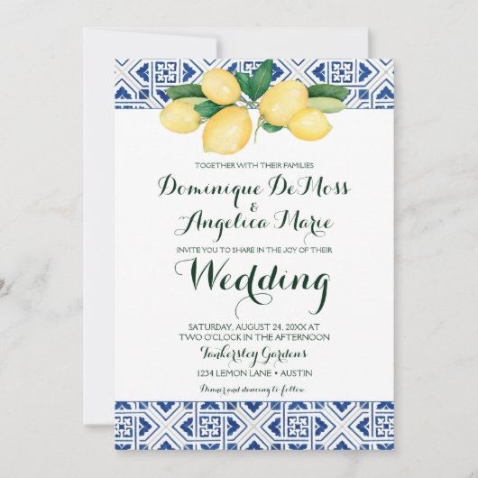 レモン ウェディング ブルー ホワイト メディテレニアン タイル 招待状 (正面)